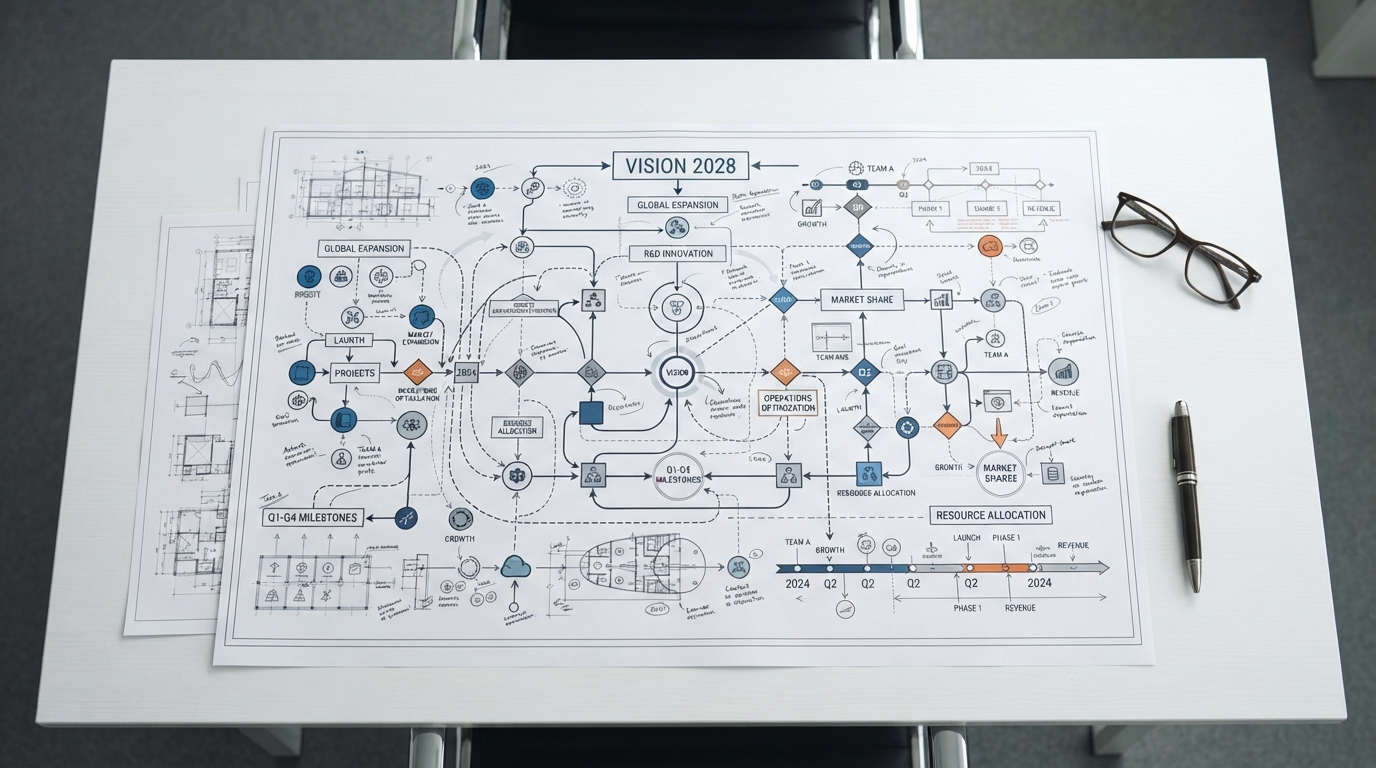 business_strategy_planning_a_top_down_view_of_a_large_clean_white_table_covered